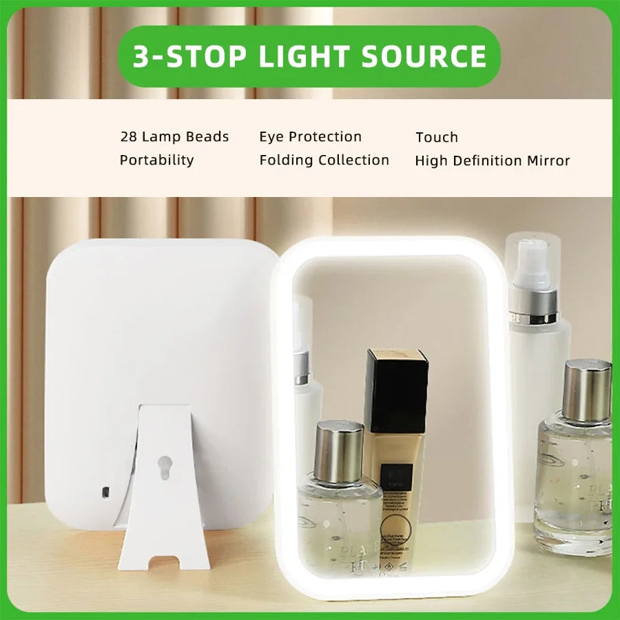 Miroir Maquillage LED Tactile – 3 Modes Lumineux, Pliable, Rechargeable USB